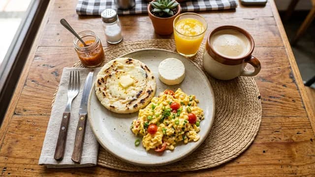 Desayuno paisa tradicional con arepa, huevos, tinto y jugo