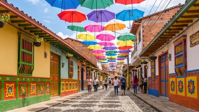Sombrillas de colores sobre la calle empedrada de Guatapé